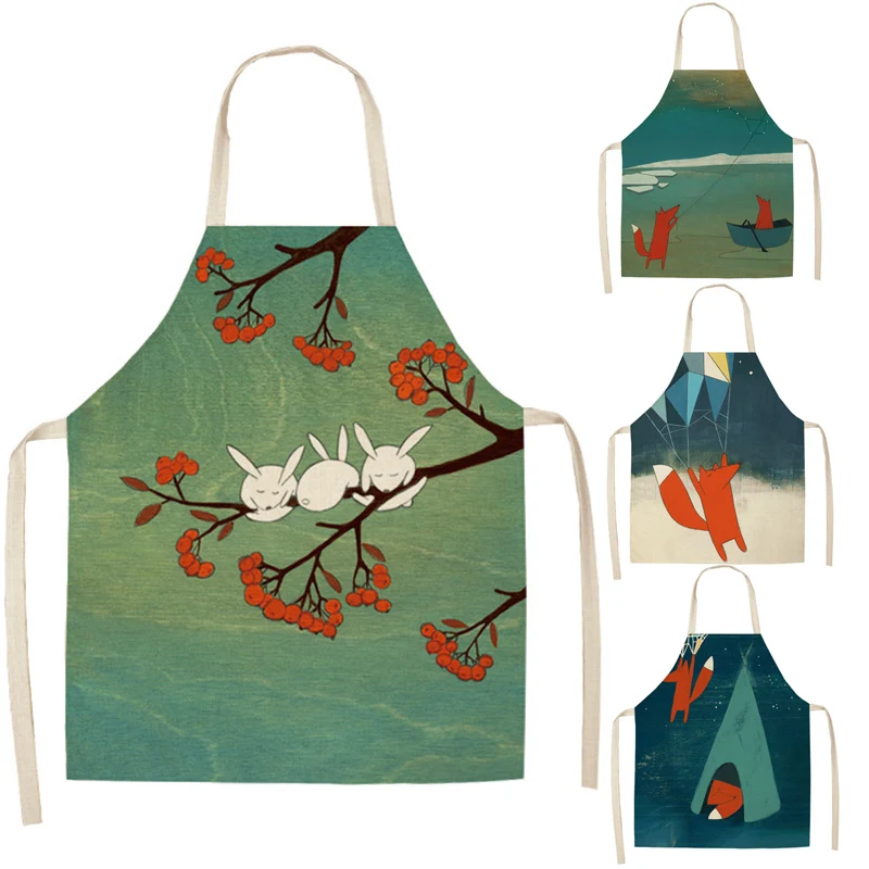 

Linen Nordic Cute Fox Aprons Unisex Dinner Party Cooking Bib Funny Pinafore Cleaning Apron Cleaning Kitchen Accessory