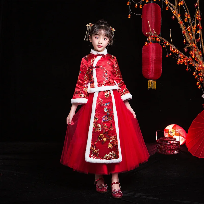 

Детская новогодняя одежда Hanfu в китайском стиле для девочек, костюм тан, утепленная одежда для девочек на осень и зиму