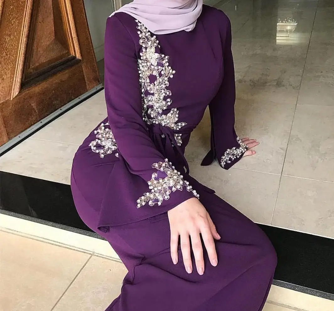 Dubai Slim Muslim Dress Women Lace Abaya Beading Applique Islamic Clothing Elegant | Женская одежда
