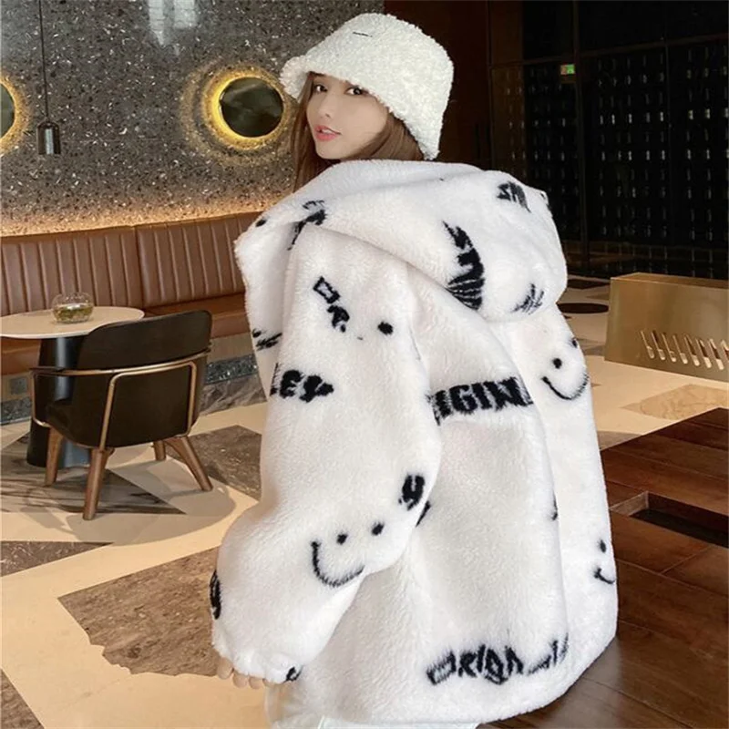 Sheep shearing faux fur coat women's new wool casual loose hooded jacket white куртка женская зима 2022 зимнее пальто жеснкое