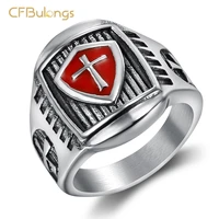 cfbulongs 316l stainless steel red armor shield cross medal mens ring vintage jewelry boyfriend wedding gift