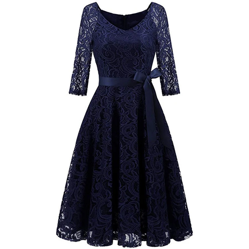 

New Lace Dress Women Spring Summer 2021 Fashion Elegant V-Neck Three Quarter Sleeve A-Line Empire Waist Slim Long Dress