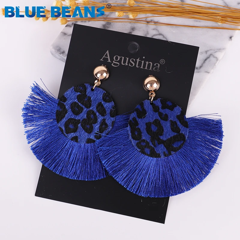 Женские богемные серьги с большими кисточками Длинные круглые леопардовые