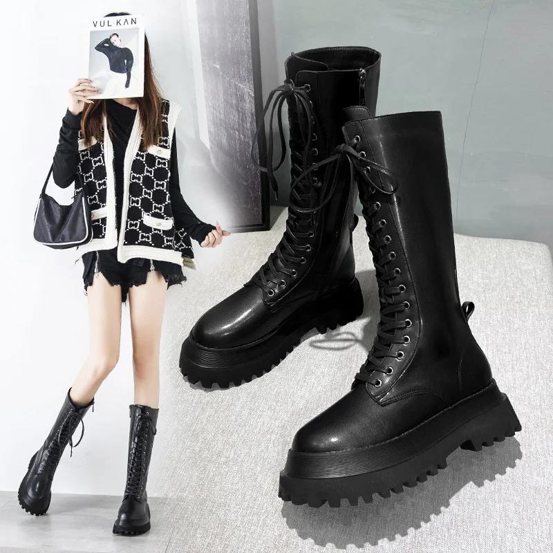 

Черные мотоциклетные ботинки для женщин на весну и осень, Новые Высокие Ботинки Martin на толстой подошве, женские рыцарские ботинки, ботинки