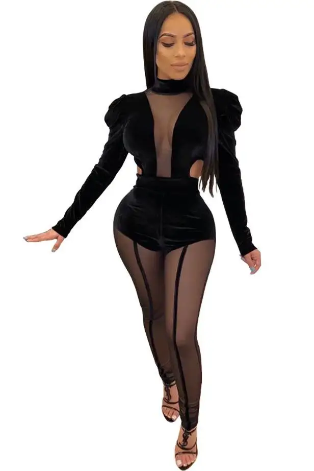 Женский бархатный комбинезон в стиле пэчворк прозрачный сетчатый с пышными