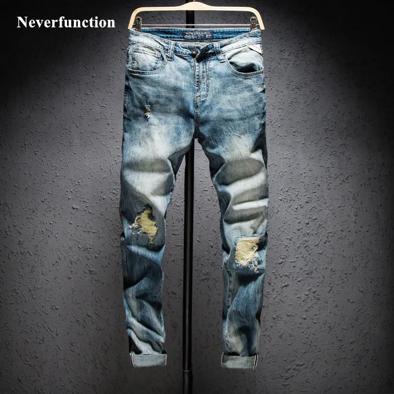

2019 Men Ripped Retro skinny Jeans streetwear man Cotton Casual Holes Destroyed Hiphop Beggar Denim pants Joggers Trousers