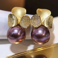 M126 Solid 925 Sterling Silver Round 10-11mm Nature Purple Pearls Studs Earrings for Women Fine Birthday Presents