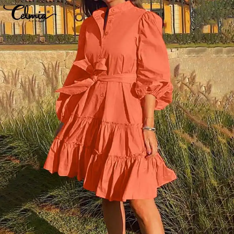 

Celmia Elegant Shirt Dress 2022 Fashion Women Long Puff Sleeve Pleated Stitched Short Sundress Single Breasted Mini Dress Belted