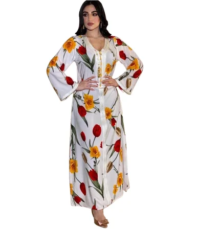 

Ethnic Maxi Long Dress for Women V Neck Ribbon Long Sleeve Abaya Dresses White Floral Print Dubai Muslim Arabic Clothes