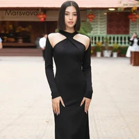 casual dresses slim office lady black dress long sleeve womens autumn dress 2021 halter hollow vestidos korea fashion sexy robe