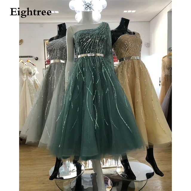 

Sparkly Short Saudi Arabic Dusty Blue One Shoulder Beads Sequin Prom Dresses Long Sleeve Dubai Tea Length Evening Party Gowns
