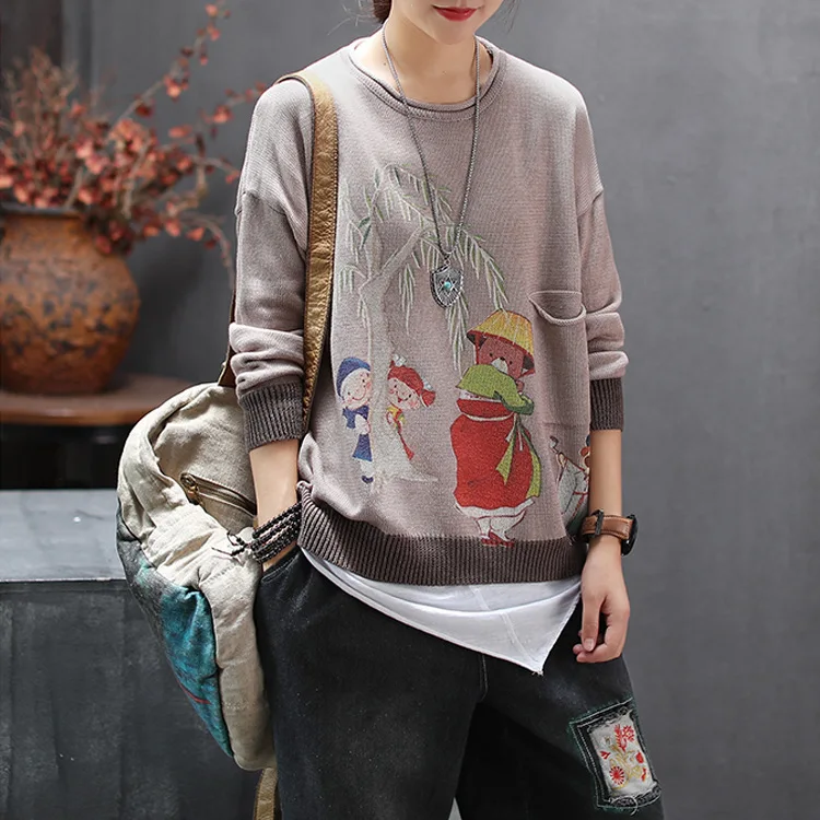 Autumn Sweater Retro Knitting Women Loose Pullovers New 2019 Ladies Tops O-Neck Long-sleeved Print Character Mori Girl | Женская одежда