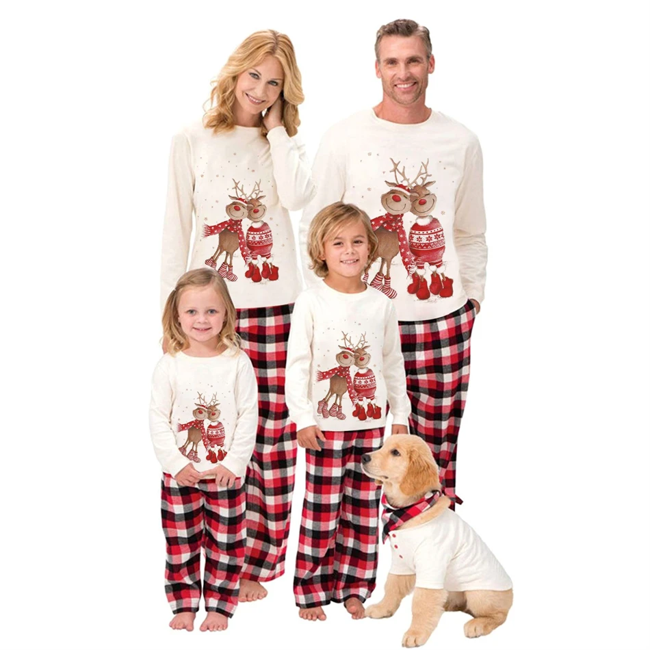 

2021 Christmas Deer Family Matching Outfits Plaid Father Mother Kids & Dog Xmas Pajamas Set Mommy and Me Pj's Clothes Tops+Pants