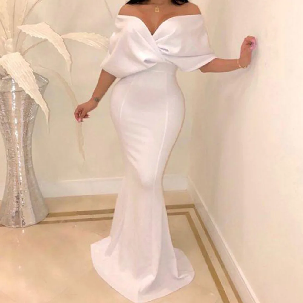 

White Mermaid Evening Dresses Long 2021 Simple V-Neck Off The Shoulder Sexy Prom Party Gowns Custom Plus Size vestidos de fiesta