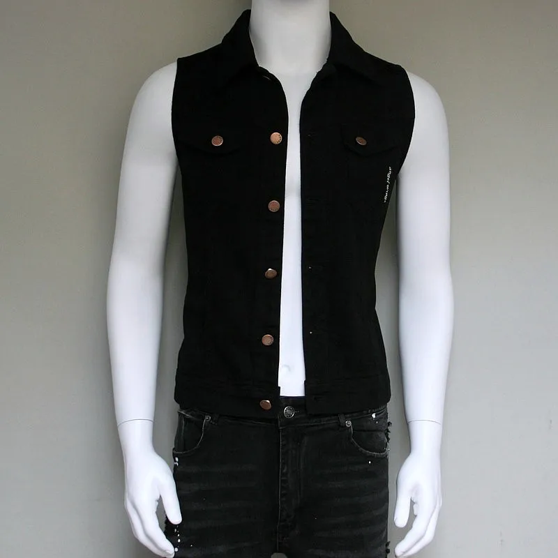 Fashion Mens Casual Sleeveless Denim Vest Short Jacket Harajuku Printed Single Breasted Waistcoat Korean Slim Fit Cowboy Vests | Мужская