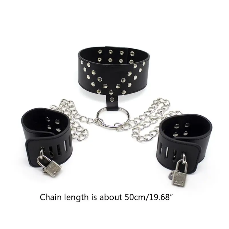 

Adult Sexy Toys Black PU Handcuffs with Lock Neck Strap Adjustable Cuffs Tied Bondage Set