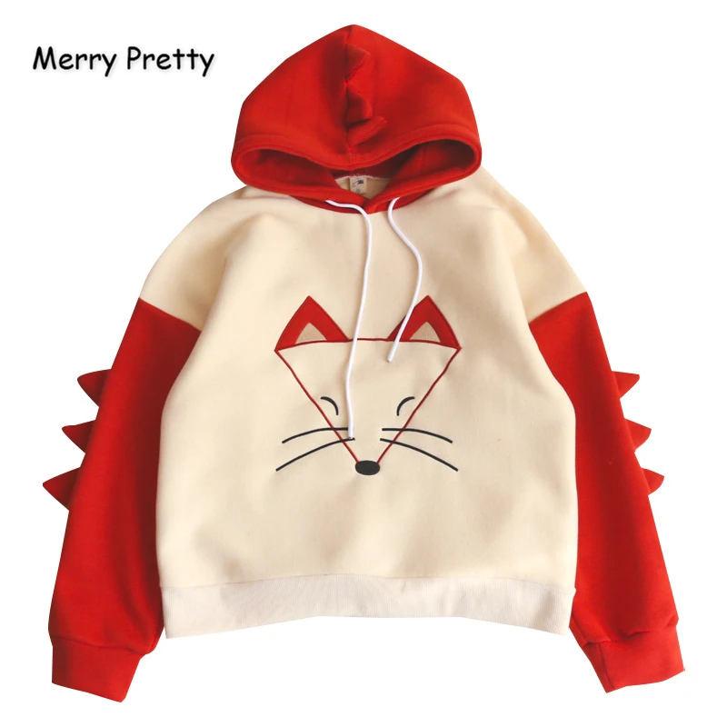 

MERRY PRETTY Women's Hooded Sweatshirts Cartoon Fox Embroidery With Ears On Hood Hoodies Harajuku Kawaii Plus Velvet Pullover