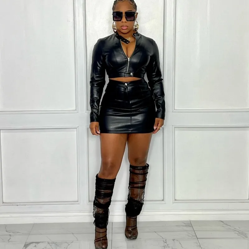 

PU Leather 2 Piece Skirt And Top Women's Fashion Casual Zipper Crop Jacket Streetwear Sexy Mini Skirts Faux Leather Outfits