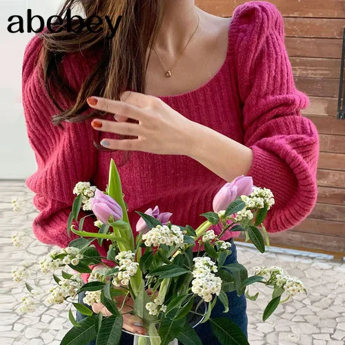

Square Collar Clavicle Exposed Sexy Knit Sweater Women Slim Puff Long Sleeve Pullover Pull Femme Winter Outwear Sueter