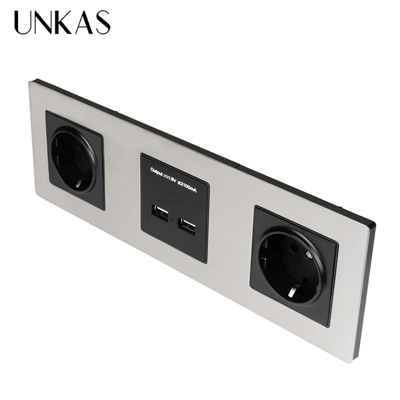 Настенная панель UNKAS из нержавеющей стали двойная розетка Евророзетка 16 А