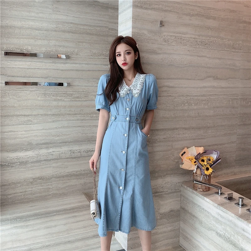 

French Retro 2021 Summer New Fashion Women's Dress Doll Collar Waist Show Thin Denim Long Dresses.