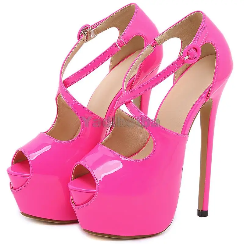 

Sexy Women Shoes Platform Patent Leather Women Sandals 2022 Ladies Peeps Buckle Strap Nightclub Thin High Heel Shoes Woman Pumps