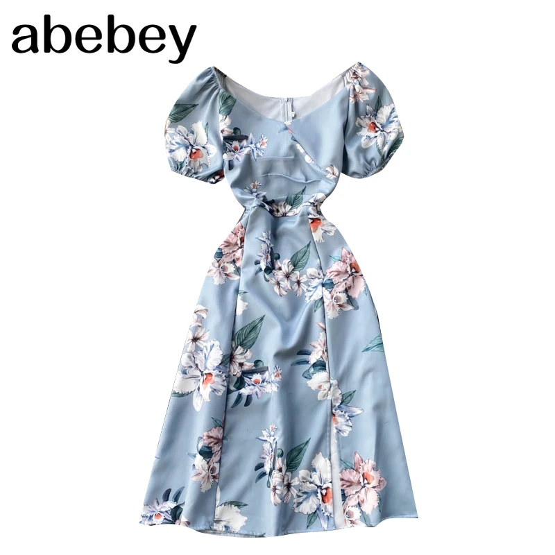 

Elegant Print Dress Women Korean Chic V Neck Puff Sleeve A-line Dresses Autumn Sexy Split Streetwear Midi Long Dress