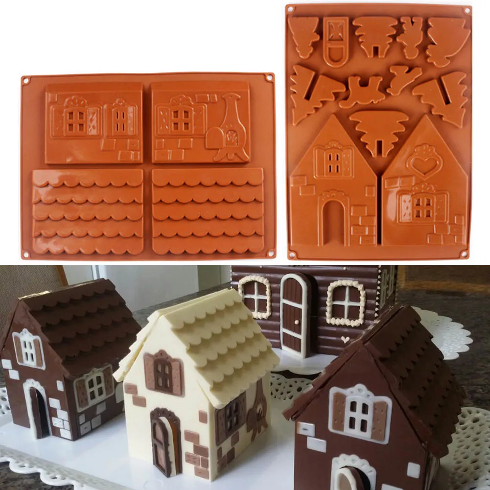 2 pcsset 3d christmas silicone mold gingerbread house shape chocolate cake mould diy biscuits cookie stencil baking tools free global shipping