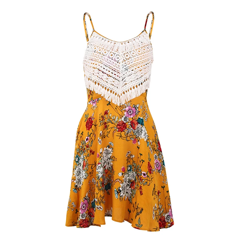 

Sexy V-neck Strap Mini Dress Fashion Print Stitching A-line Sleeveless Backless Dress Summer Bohemian Holiday Style