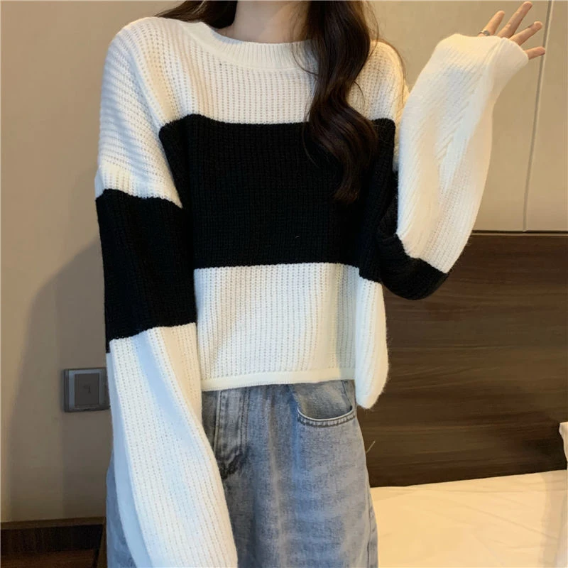 

Sweater Women Ulzzang Fashion Patchwork Loose Simple All-match Casual College Cropped Elegant Soft Spring Fall Ladies Pullovers