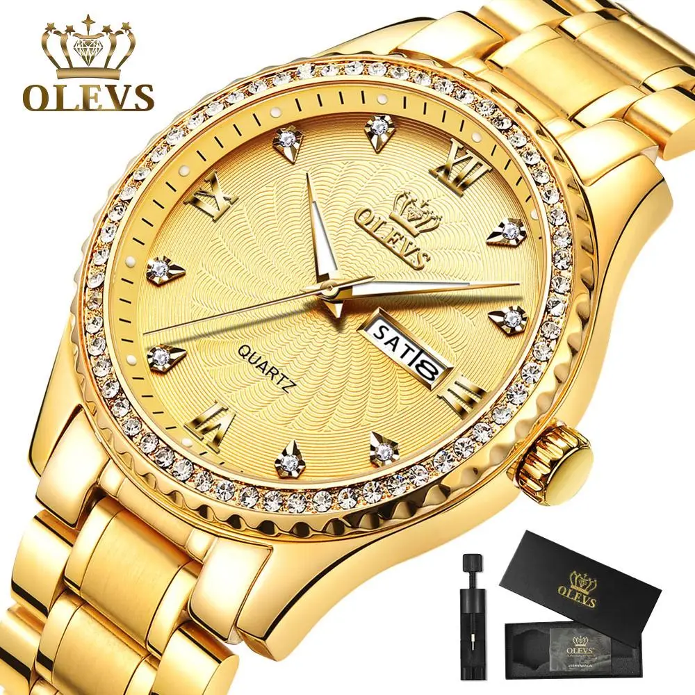 Часы OLEVS мужские кварцевые с бриллиантом Роскошные лучший бренд золотые часы из