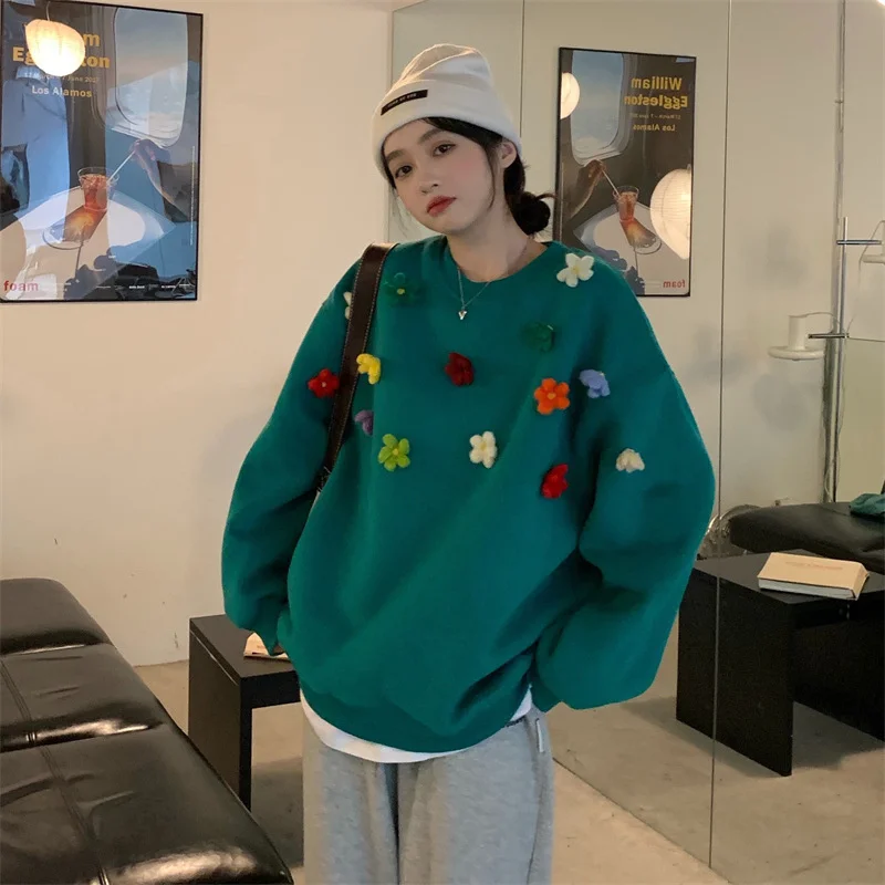 

Женский свитер с трехмерными цветами, плюшевый утепленный Свободный пуловер с длинным рукавом, Осень-зима