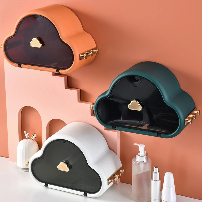 

Punch Free Self Adhesive Waterproof Wall Mounted Toilet Tissue Box Cover Multifunction Bathroom Storage Organizer