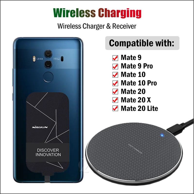 

Приемник беспроводной зарядки Qi для Huawei Mate 9 10 20 Pro 20 Lite 20X, беспроводное зарядное устройство + адаптер Nillkin, разъем USB Type-C