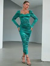 Srubí vestido de satén Midi fruncido en el pecho, manga larga, cintura alta, plisado, ajustado, para fiesta, Invierno (4)