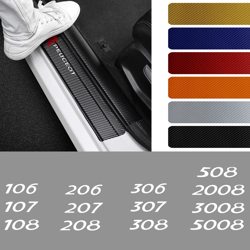 

4pcs Carbon Fiber Car Door Sill Protector Threshold Stickers Accessories For Peugeot 206 308 307 207 208 3008 2008 407 508 107