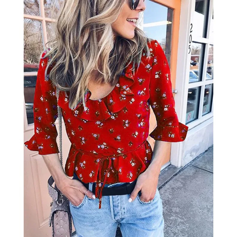 

Autumn Women's Fashion Printed Round Neck Shirt Casual Loose Street top 7-point lotus leaf sleeve sexy all-match Women's Clothes