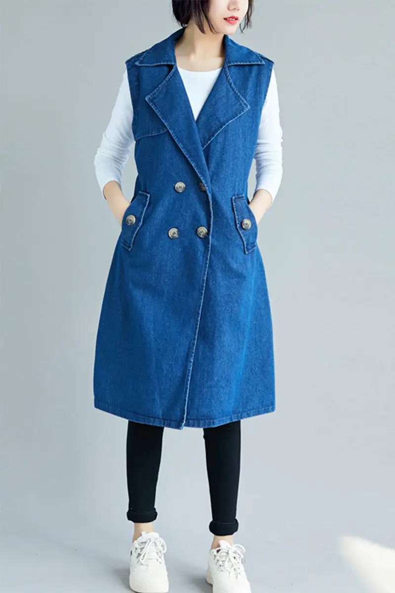 

Vintage Denim Sleeveless Windbreaker Mid-length Suit Collar Double-breasted Loose Jacket with Belt Waistcoat Women Vest Long