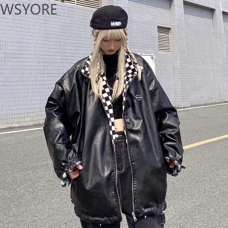 WSYORE верхняя одежда оверсайз Шахматная Двусторонняя кожаная куртка Женское