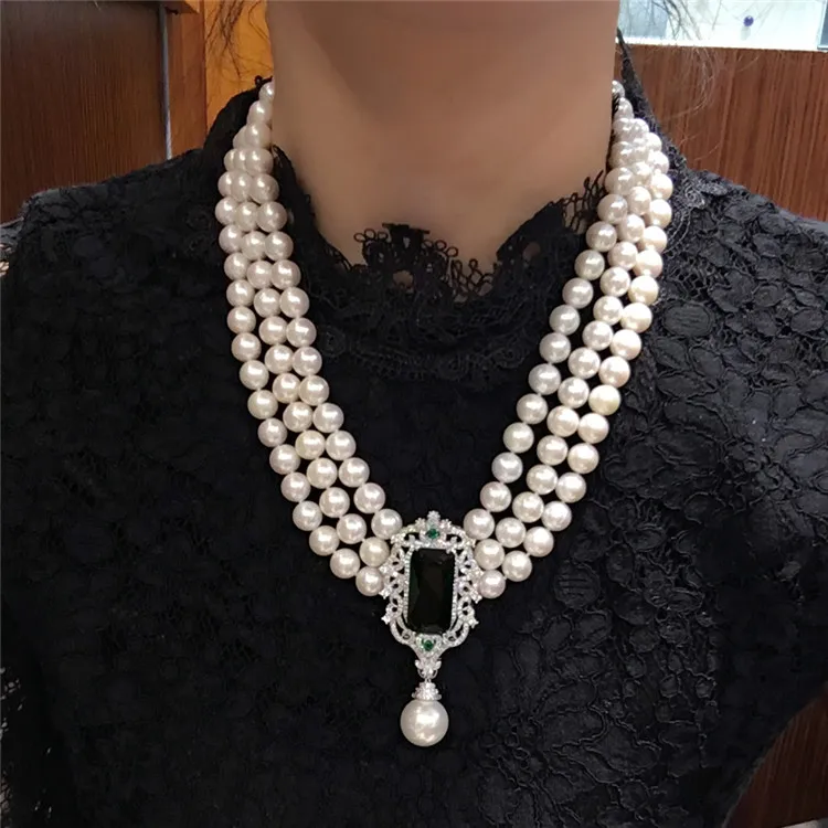 

Hot sell new 8-9mm natural white freshwater pearl multi-layer necklace zircon accessories fine jewelry