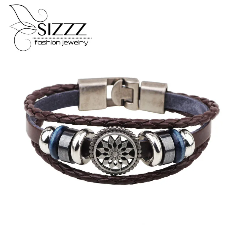 Модные ювелирные изделия Sun Flower сплав рок байкерс кожаный браслет с бисером