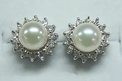 

8-9mm Genuine Freshwater White Pearl White Gold Plated Crystal Flower Stud Earrings