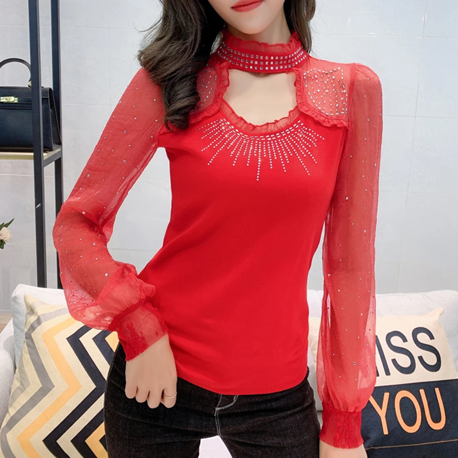 2021 Сезон весна Новинка Модные тонкие футболка со стразами женские бриллиантами в