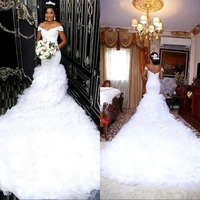 custom new gorgeous off the shoulder lace wedding dress 2021 mermaid ruffles corset sweep train african bridal gowns