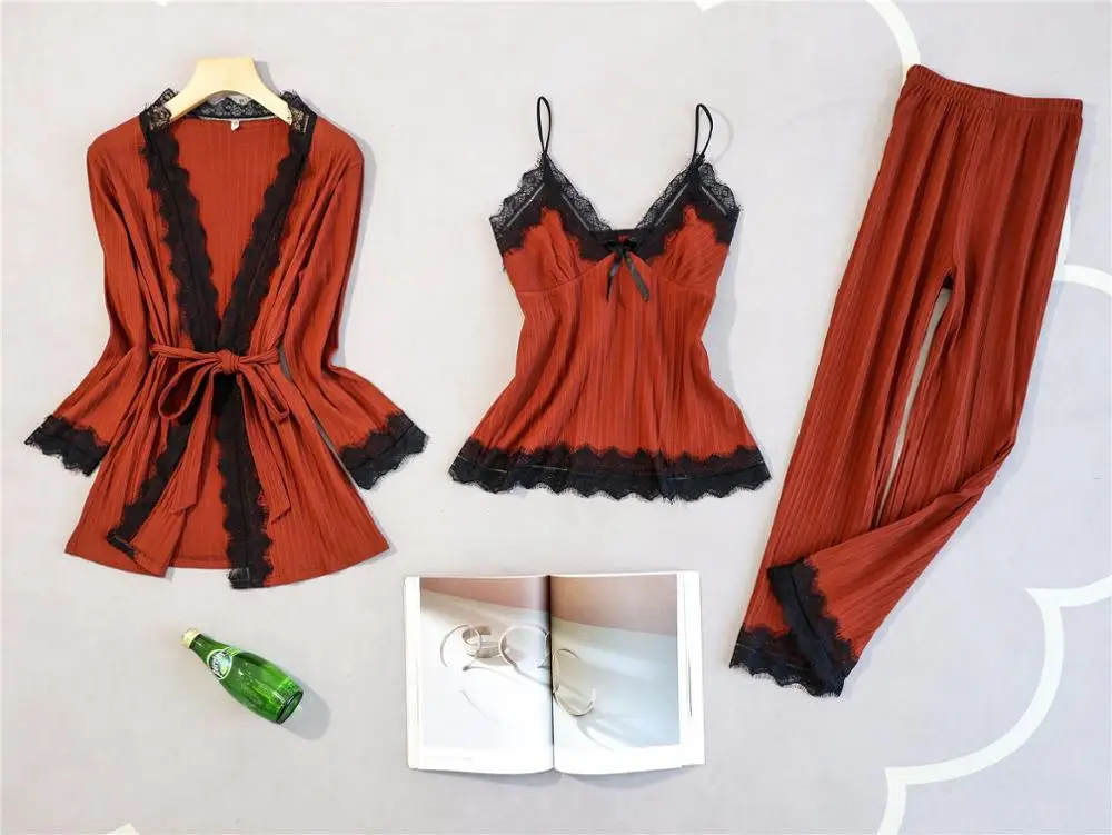 Пижама Daeyard женская хлопковая с нагрудными накладками весенняя кружевная 3