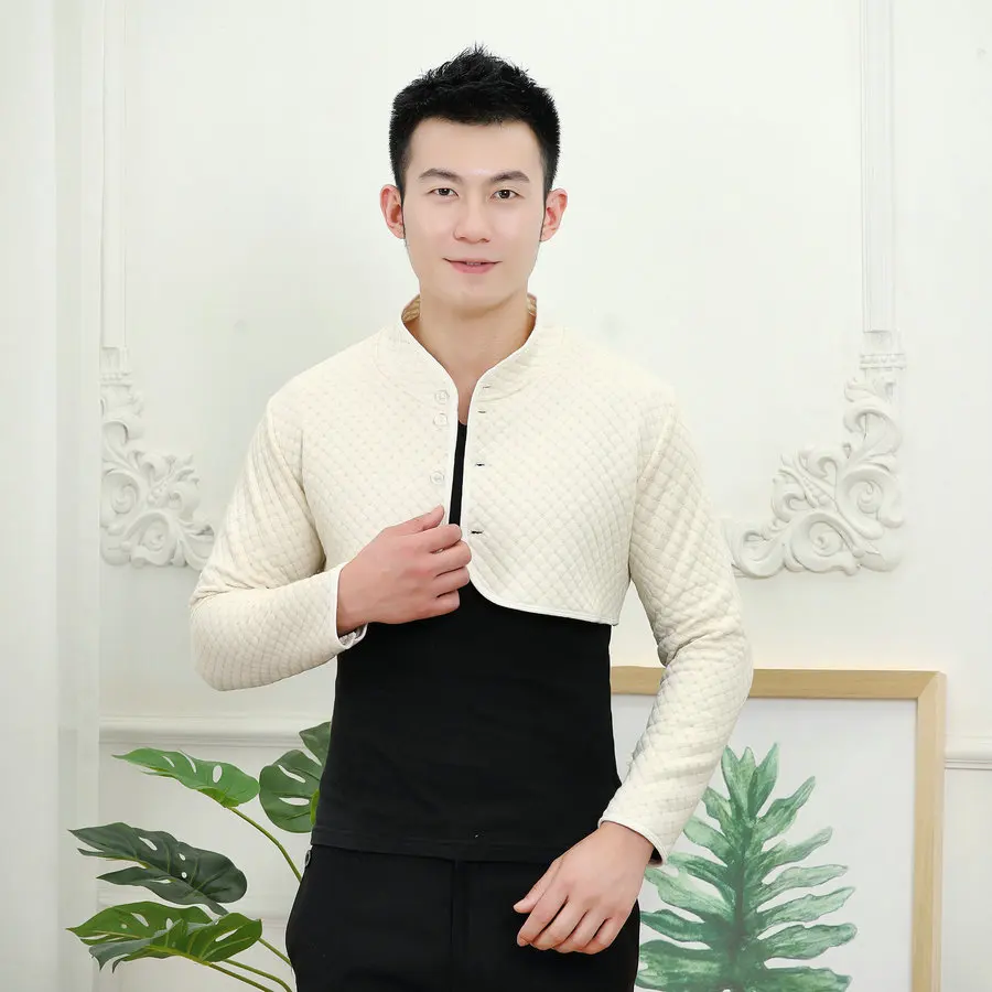 Autumn Winter Men Quilted Bolero Coat Beige Gray Mandarin Collar Long Sleeve Cotton Soft Thicken Lightweight Shoulder Pad Jacket