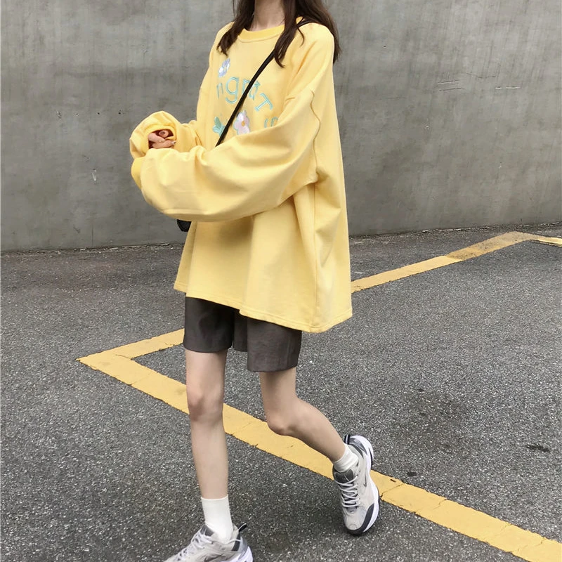 

No Hat Hoodies Women Letter Embroidery Oversize Fresh Sweet Girls Yellow Spring Sweatshirts Slouchy High Quality Females Trendy