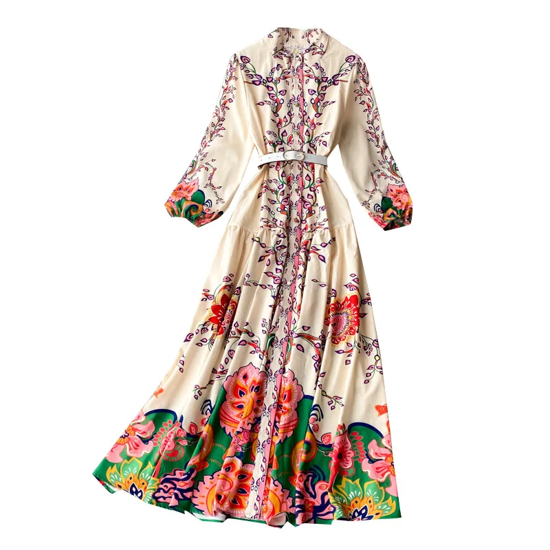 

Spring Autumn Shirt Dress Stand Collar Single Breasted Slim Retro Printed Large Swing Bandage Vestidos Maxi Female GX1102