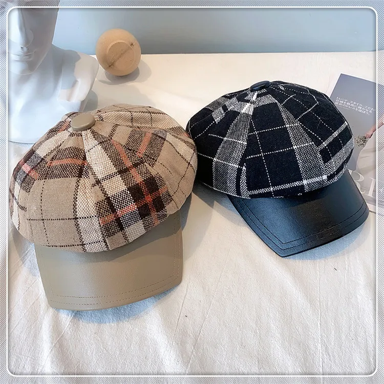 

202109-JS japan style autumn England Classic lattice pu brim street leisure Octagonal hat men women visors cap