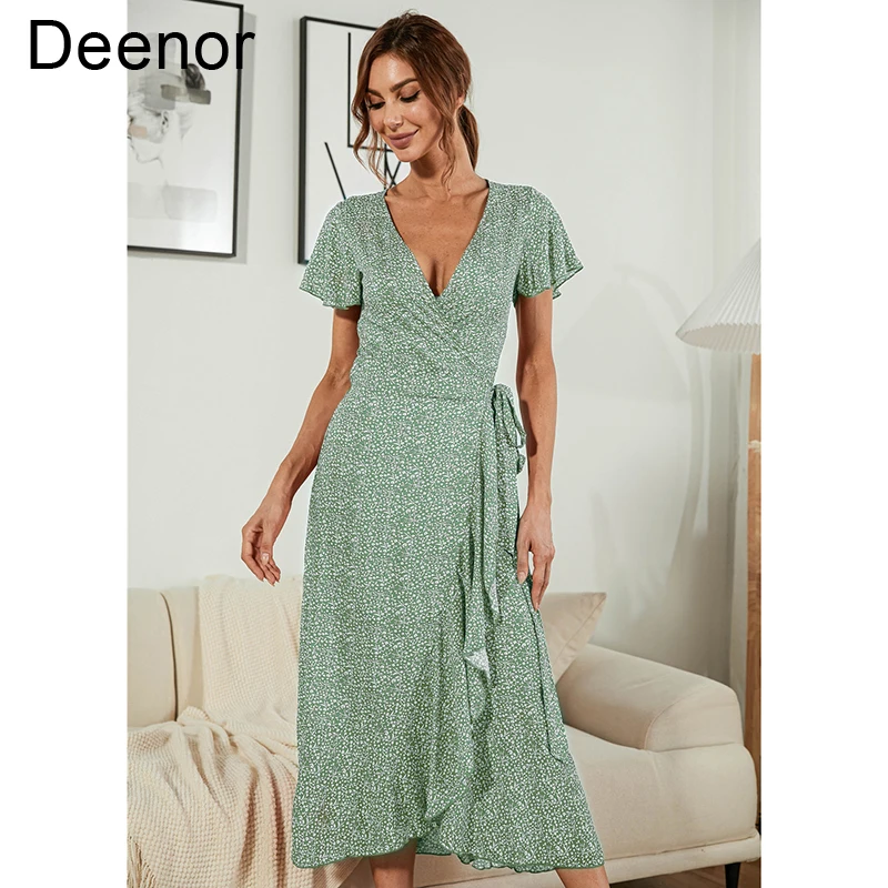 

Deenor 2021 Dress Women Casual V-neck Ruffle Lace Up Split Floral Dress Women's Legant Summer Holiday Style Dress